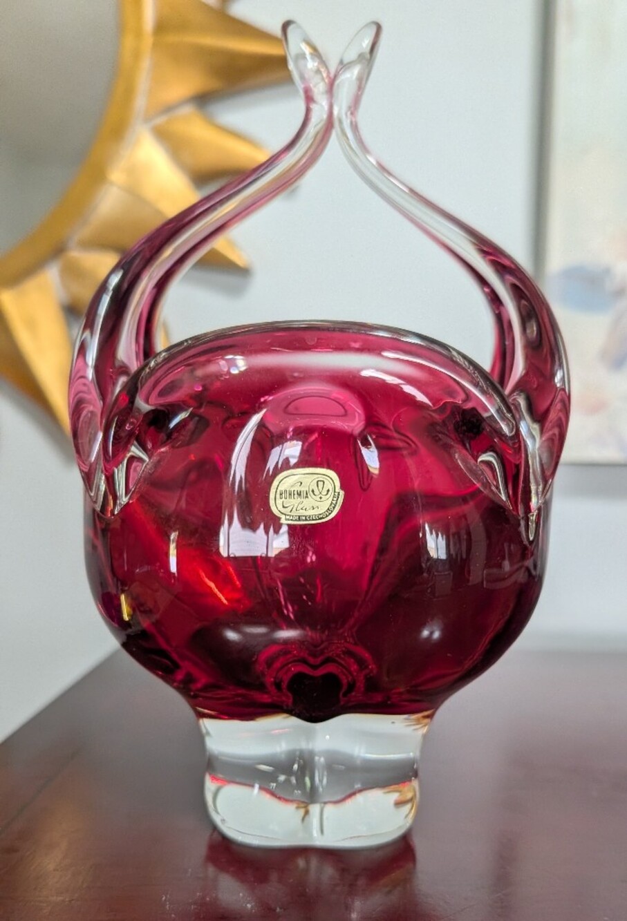 Cranberry Pink Bohemia Clan Crystal Floral Basket Vase 9” Tall VTG Handblown G